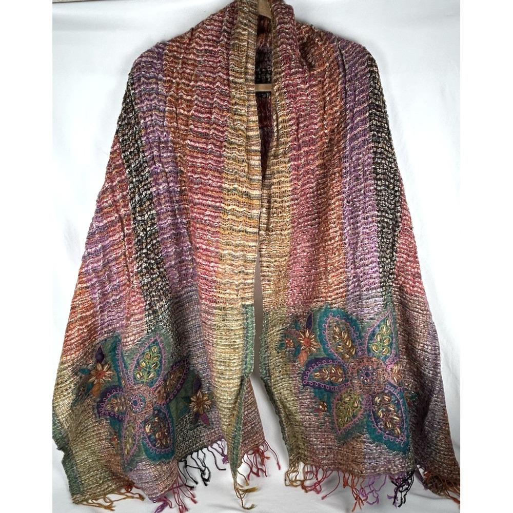 Vismaya 100% Wool Multi Colored Floral Large Scarf Shawl Fringe Textured